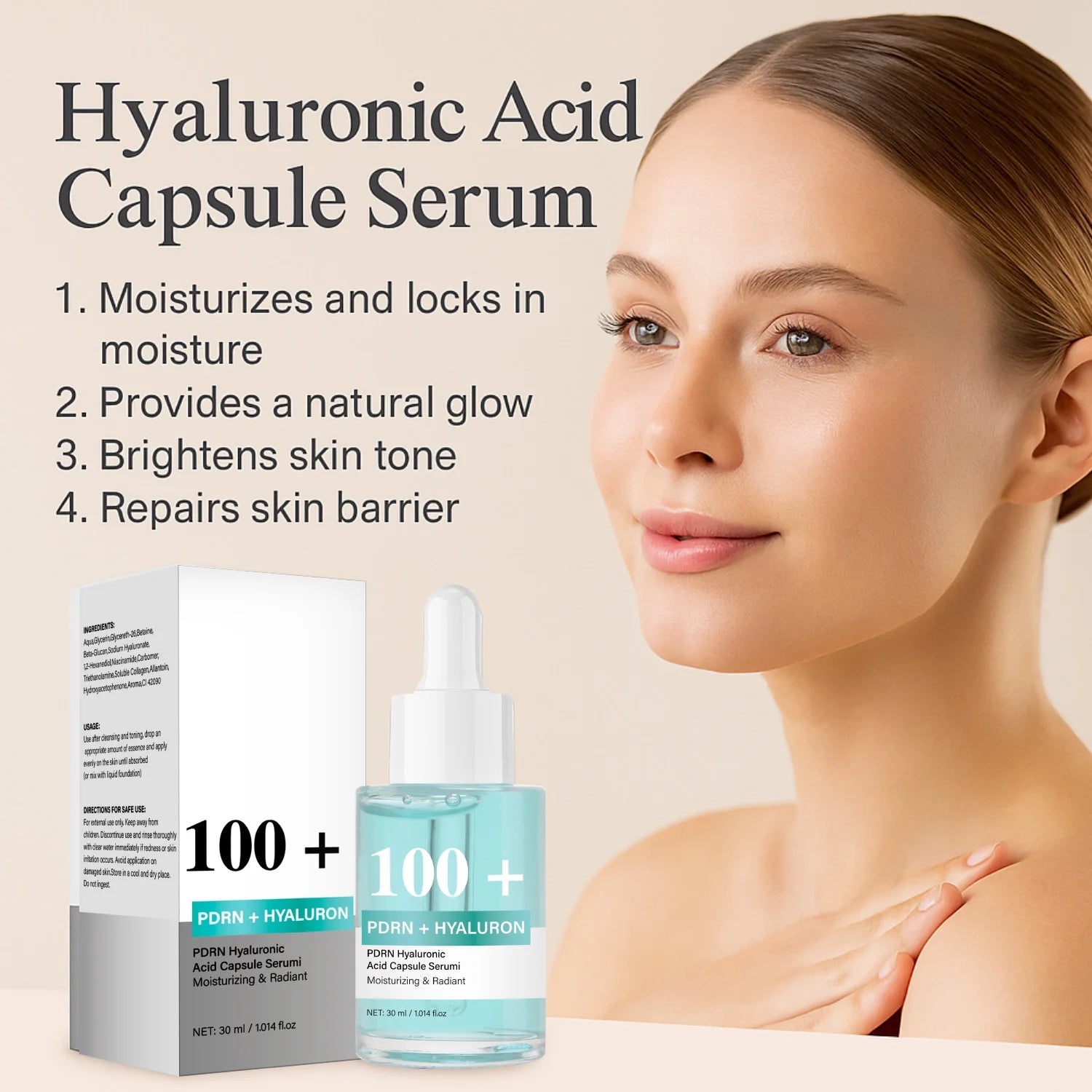 Korean Skincare, 30mlSérum pour le visage radieux pour femmes Acide hyaluronique, hydratation, hydratation, Kore